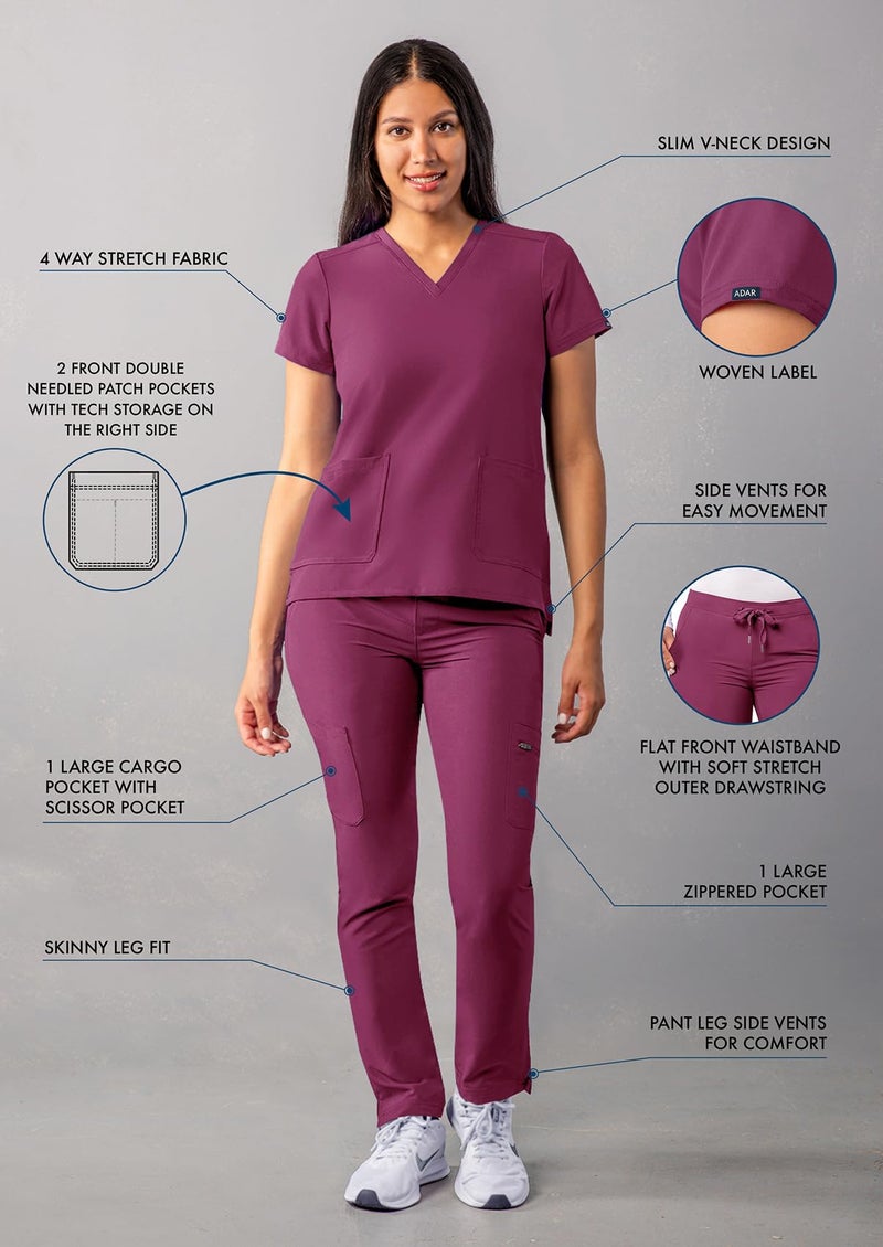 Adar Uniforms Adar Addition Scrubs Set for Women - Stretch V-Neck Scrub Top & Skinny Cargo Scrub Pants, 10 Pockets - A9200 - Wine - M - Image 3